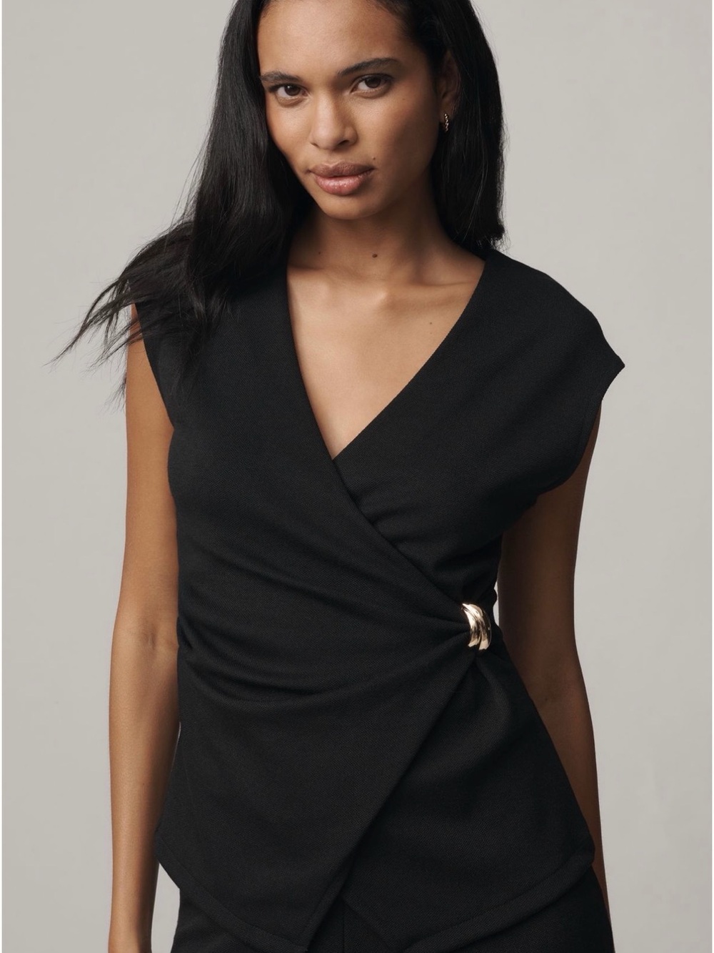 Maeve Black Wrap-Style Tank with Gold Accent